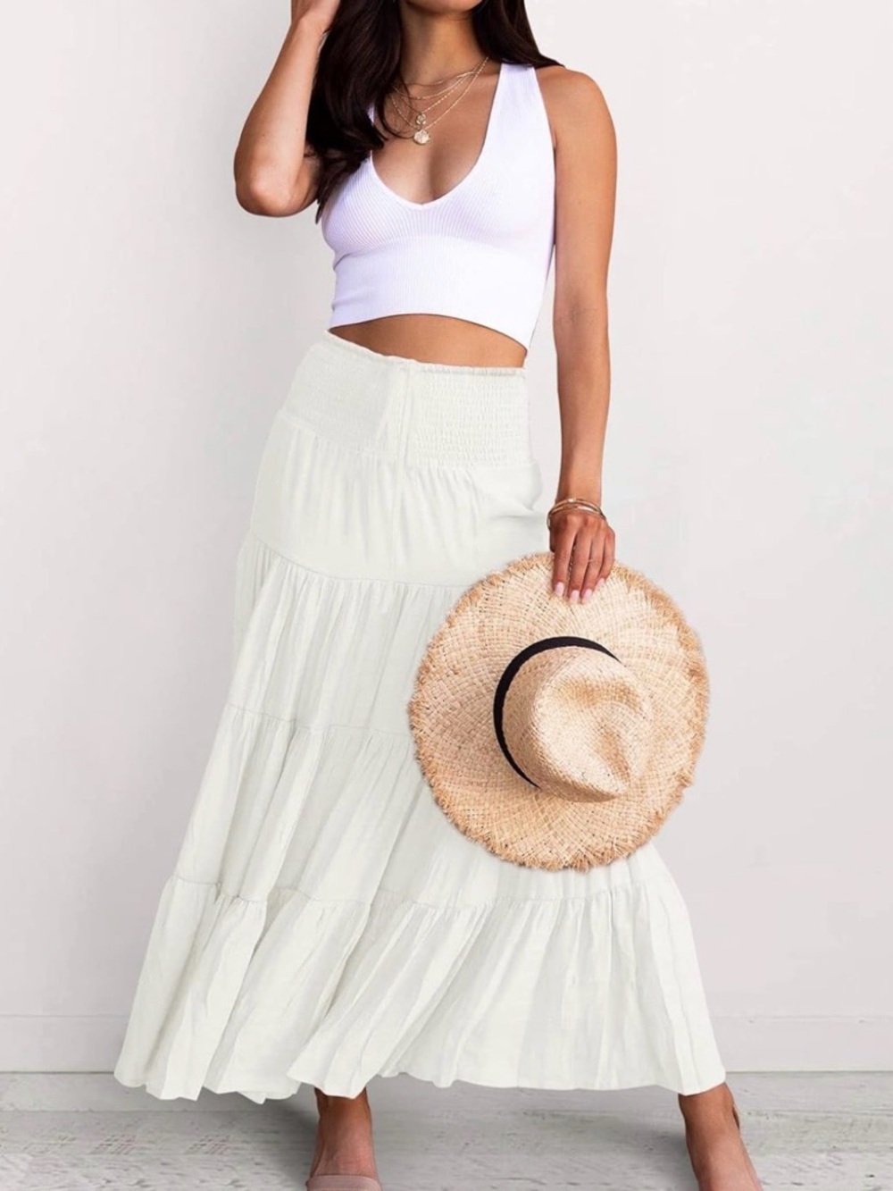 Amazon Women's Cream Tiered Maxi Skirt - Smocked Waist